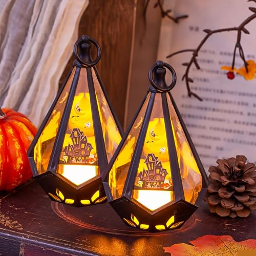 Halloween Deko Laterne, 2er Set Leuchtender Kürbis Laterne mit Batterie, LED Halloween Deko Outdoor Innen Windlicht, Halloweendeko Hexe/Burgen Lichter zum Aufhängen, für Halloweendeko (B) von Vartegas