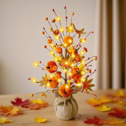 Herbst Dekoration Kürbis-Baum, 48cm LED Herbstdeko Tisch Ornament mit Verstellbaren Zweigen, Herbst Deko Aesthetic Zimmer, Autumn Decor Herbstbaum, für Thanksgiving/Halloween Deko (A) von Vartegas