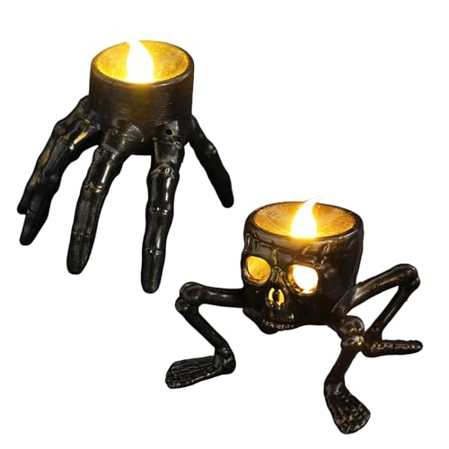 Led Halloween Deko Teelichter, Schädel & Hande Halloween Tischdeko Kerzen Led, Halloweendeko Flammenlos Kerzenlichter mit Batterie, für Helloween Deko Party Innnen Außen (AB) von Vartegas