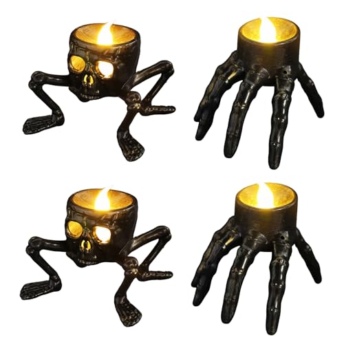 Led Halloween Deko Teelichter, Schädel & Hande Halloween Tischdeko Kerzen Led, Halloweendeko Flammenlos Kerzenlichter mit Batterie, für Helloween Deko Party Innnen Außen (AB*2) von Vartegas