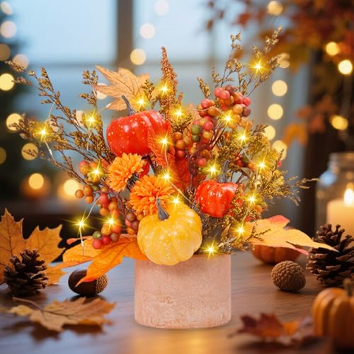 Vartegas Herbstdeko Kürbis Lichterbaum, 29cm LED Herbst Dekoration Lichterbaum mit 2m Lichterkette, Herbstdeko Tisch LED-Baumlichter mit Herbstblätter Kürbissen Beeren, für Herbst Thamksgiving (A) von Vartegas