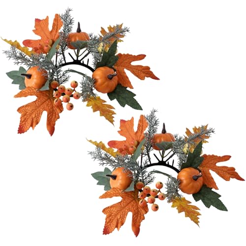 Vartegas Herbstkranz Kerzenring 2 Stück Künstliche Blumen Herbstdeko Kerzenkranz Für Thanksgiving Tischdekoration Mit Kürbissen Und Beeren (A) von Vartegas