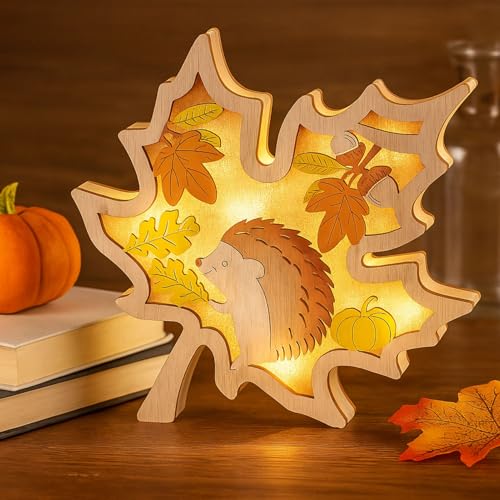 Vartegas LED Herbstdeko Kürbis mit Igel Deko, 3D Holz Herbst Dekoration Ornamente, Kürbis Herbstdeko Tisch, Leuchtende Autumn Decor Lampe, für für Thanksgiving Halloween Deko (A) von Vartegas