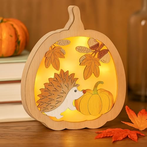 Vartegas LED Herbstdeko Kürbis mit Igel Deko, 3D Holz Herbst Dekoration Ornamente, Kürbis Herbstdeko Tisch, Leuchtende Autumn Decor Lampe, für für Thanksgiving Halloween Deko (B) von Vartegas
