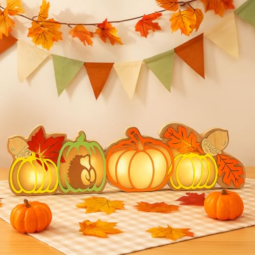 Vartegas LED Herbstdeko Kürbis mit Igel Deko, 3D Holz Herbst Dekoration Ornamente, Kürbis Herbstdeko Tisch, Leuchtende Autumn Decor Lampe, für für Thanksgiving Halloween Deko (C) von Vartegas