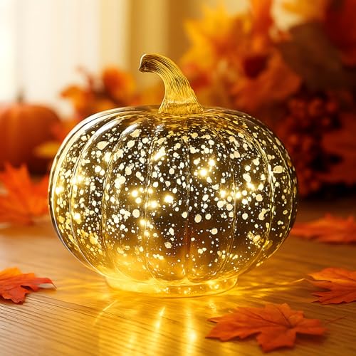 Vartegas Led Kürbis Deko Licht aus gestreiftem Glas, Autumn Decor Kürbis Beleuchtet, Herbstdeko Tisch Pumpkin, Herbst Dekoration Ornament batteriebetrieben, für Erntedankfest Herbst Deko (C) von Vartegas