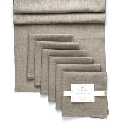 Varvara Home 6 Leinen Servietten & Tischläufer | Premium Stoffservietten & Tischläufer Reinleinen | Servietten 6-Set & Tischläufer 100% Leinen LANDHAUSSTIL & LANGLEBIGKEIT (7-er Pack, 45 x 180 cm) von Varvara Home