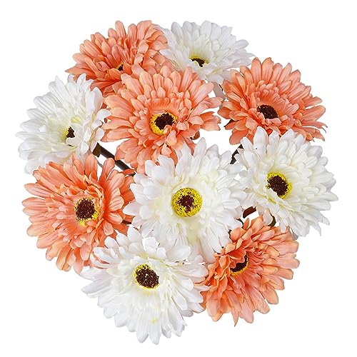 VaryFloral 10 Stück Blumen Künstlich Seidenblumen Gänseblümchen Kunstblumen Wie Echt Weiß&Sonnenuntergang Farbe Blumenstrauß Künstlich Gerbera für Hotel Schlafzimmer Blumenarrangement Büro Dekor von VaryFloral