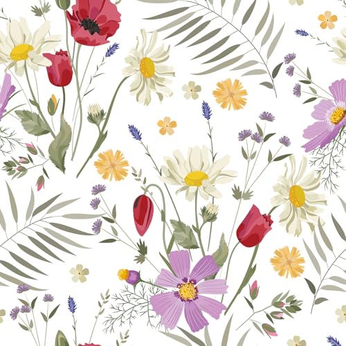VaryFloral Blumentapete Weiß Klebefolie Bunte Blumen 44.5cmx400cm Selbstklebende Tapete Fototapete Selbstklebend Aquarell Gänseblümchen Tapete Muster Tropische Blätter Tapete Weiß Kabinett Schublade von VaryFloral