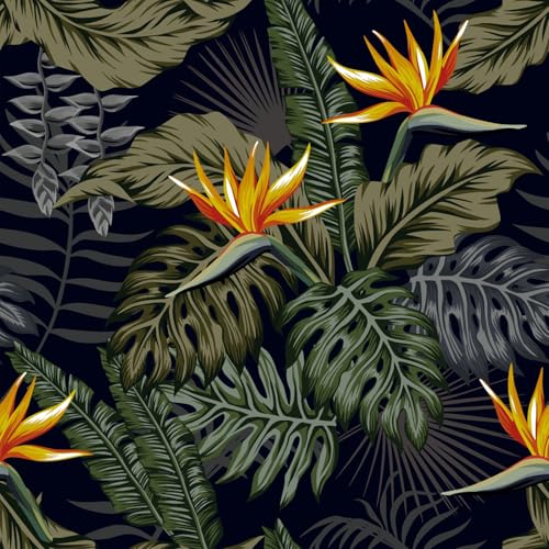 VaryFloral Fototapete Blumen Palmblätter 30.5cmx300cm Möbelfolie Selbstklebend Wandtapete Selbstklebend Tropisch Klebefolie Schwarz Mustertapete Botanische Blumentapete Vintage Kabinett Schublade von VaryFloral