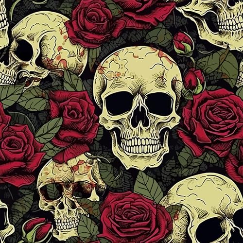 VaryFloral Klebefolie Schwarz Blumentapete Totenkopf 30.5cmx300cm Fototapete Selbstklebend Rose Rot Tapete Blumen Vintage Möbelfolie Selbstklebend Wasserdicht Wandtapete für Möbel Wohnzimmer von VaryFloral