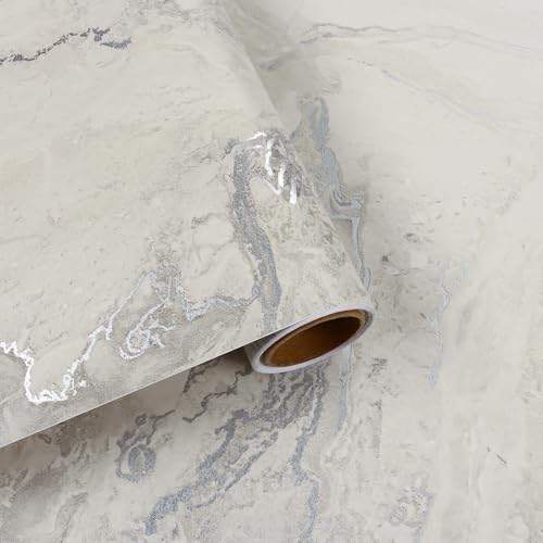 VaryFloral Marmor Folie 30cmx300cm Tapete Selbstklebend Marmoroptik Klebefolie Möbel Marmor Silber Beige Wandfolie Selbstklebend Matt Wasserfest Klebefolie Wandtapete Badezimmer Tapeten Wohnzimmer von VaryFloral