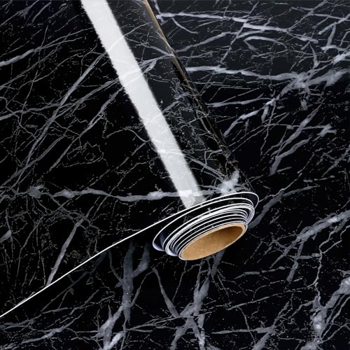 VaryFloral Marmor Wandtapete 30cmx300cm Tapete Schwarz Klebefolie Marmoroptik Möbelfolie Glänzend Wasserfest Schrankfolien Selbstklebend Marmoreffekt Folie Arbeitsplatte Küche Tisch Kabinett von VaryFloral