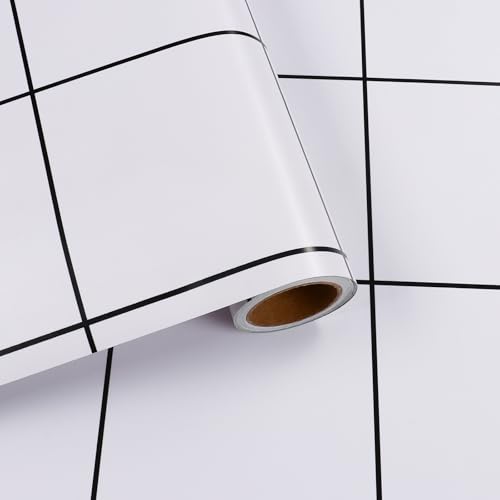 VaryFloral Wandtapete Selbstklebend Schwarz und Weiß Quadratische Möbel Klebefolie 30cmx300cm Wand Tapeten Kurve Abwaschbare Tapete Selbstklebende Folie für Möbel Küche Kabinett Schublade von VaryFloral