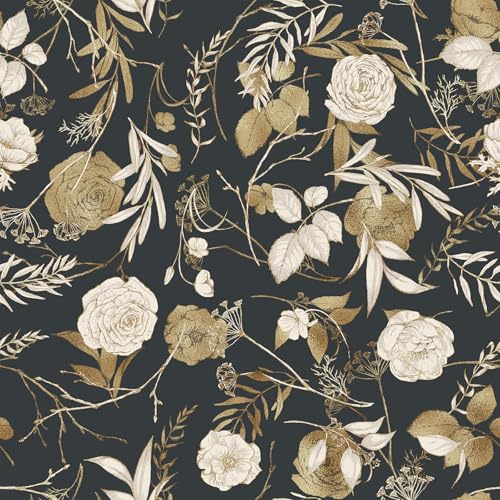 VaryFloral Wandtapete Tapeten Gold Rose 30.5cmx300cm Tapete Blumen Selbstklebende Tapete Dunkel Botanisch Selbstklebende Möbelfolie Blumentapete Vintage Wand Tapeten Zimmer Kabinett Schublade von VaryFloral