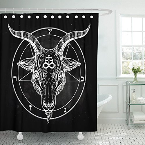 VaryHome Duschvorhang Pentagramm mit Dämonen Baphomet Satanic Ziegenkopf Binär Symbol Tattoo Retro Musik Sommer für Biker Schwarz Wasserdicht Polyester Stoff 182,9 x 182,9 cm Set mit Haken von Emvency