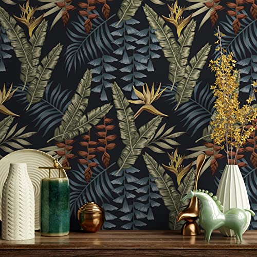VaryPaper Dschungel Tapete Blätter Gold Klebefolie Muster 44.5cmx800cm Dekofolie Selbstklebend Vintage Möbelfolie Schwarz Matt Fototapete Wohnzimmer Schlafzimmer Tapete Klebefolie Schrank Kommode von VaryPaper