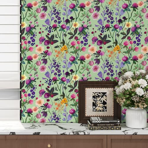 VaryPaper Tapete Blumen Rosa Fototapete Blumen Landhausstil 44.5cmx200cm Klebefolie Möbel Vintage Dekofolie Möbelfolie Grün Matt Tapeten Wohnzimmer Muster Badezimmer Wasserfest Schrankfolie Regal von VaryPaper