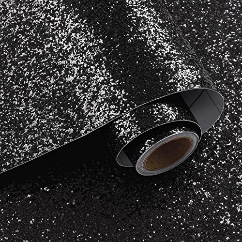 VaryPaper Glitzer Tapete Schwarz Modern Glitzerfolie Selbstklebend 40cmx800cm Möbelfolie Glitzereffekt Schwarz Klebetapete Selbstklebend Wand Schlafzimmer Wohnzimmer Klebefolie Schrank Kommode Treppen von VaryPaper