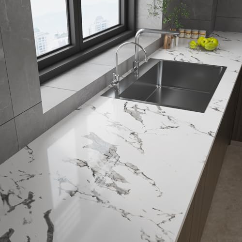 VaryPaper Marmor Folie Weiß Grau Marmor Tapete Selbstklebend 40cmx200cm Klebefolie Marmoroptik Selbstklebend Möbelfolie Weiß Hochglanz Arbeitsplatte Folie Abwaschbare Tapete Küche Tisch Schrankfolie von VaryPaper