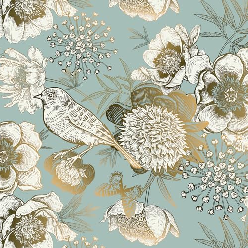 VaryPaper Selbstklebende Tapete Blumen Gold Fototapete Vogel Vintage 44.5cmx200cm Klebefolie Blumen Selbstklebend Möbelfolie Hellgrün Matt Wohnzimmer Schlafzimmer Tapete Landhausstil Schrankfolie von VaryPaper
