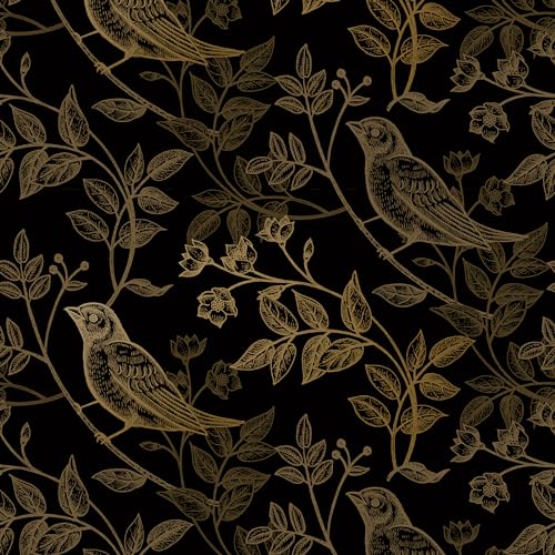 VaryPaper Selbstklebende Tapete Vogel Blumentapete Vintage 44.5cmx200cm Klebefolie Möbel Muster Dekofolie Möbelfolie Schwarz Gold Matt Fototapete Schlafzimmer Wohnzimmer Flur Treppen Schrankfolie von VaryPaper