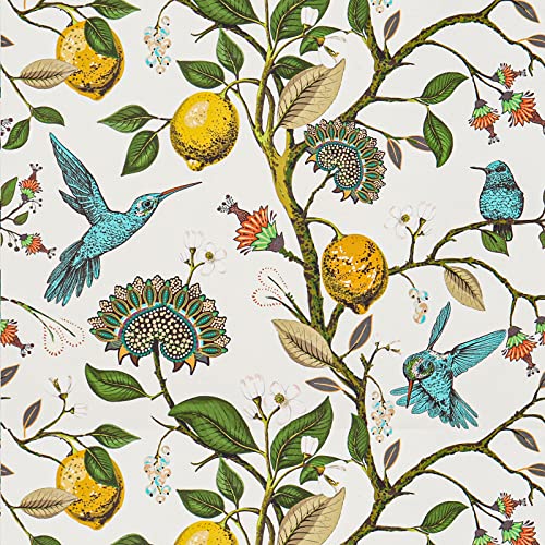 VaryPaper Tapete Blumen Gelb Zitrone Fototapete Selbstklebend Blumentapete Vintage Tapete Blue Bird Wandtapeten Grüne Blätter Klebefolie Muster Schlafzimmer Tapeten Dschungel Kinderzimmer 45cm×3m von VaryPaper