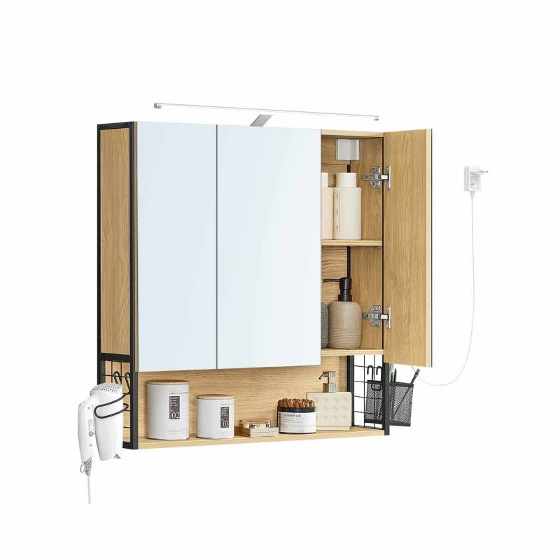 Badezimmerschrank mit LED-Beleuchtung 14,5 x 70 x 70 cm natureichenfarben von Vasagle