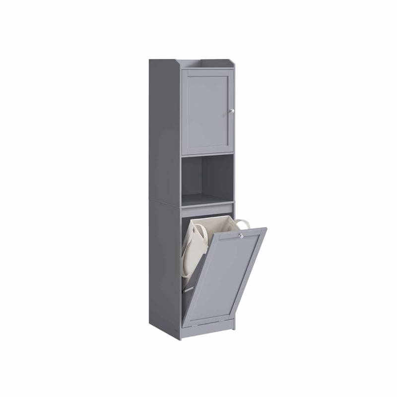 Badezimmerschrank mit Wäschekorb und Griffen taubengrau von Vasagle