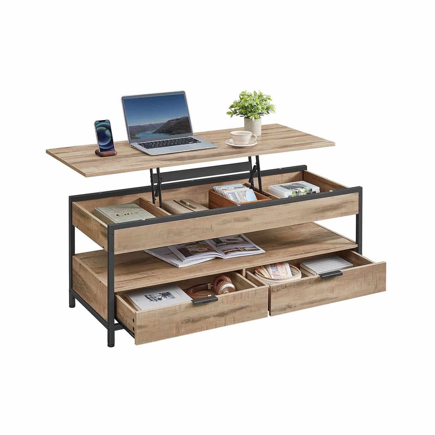 Couchtisch mit Schubladen 50 x 120 cm Kamelbraun-tintenschwarz von Vasagle