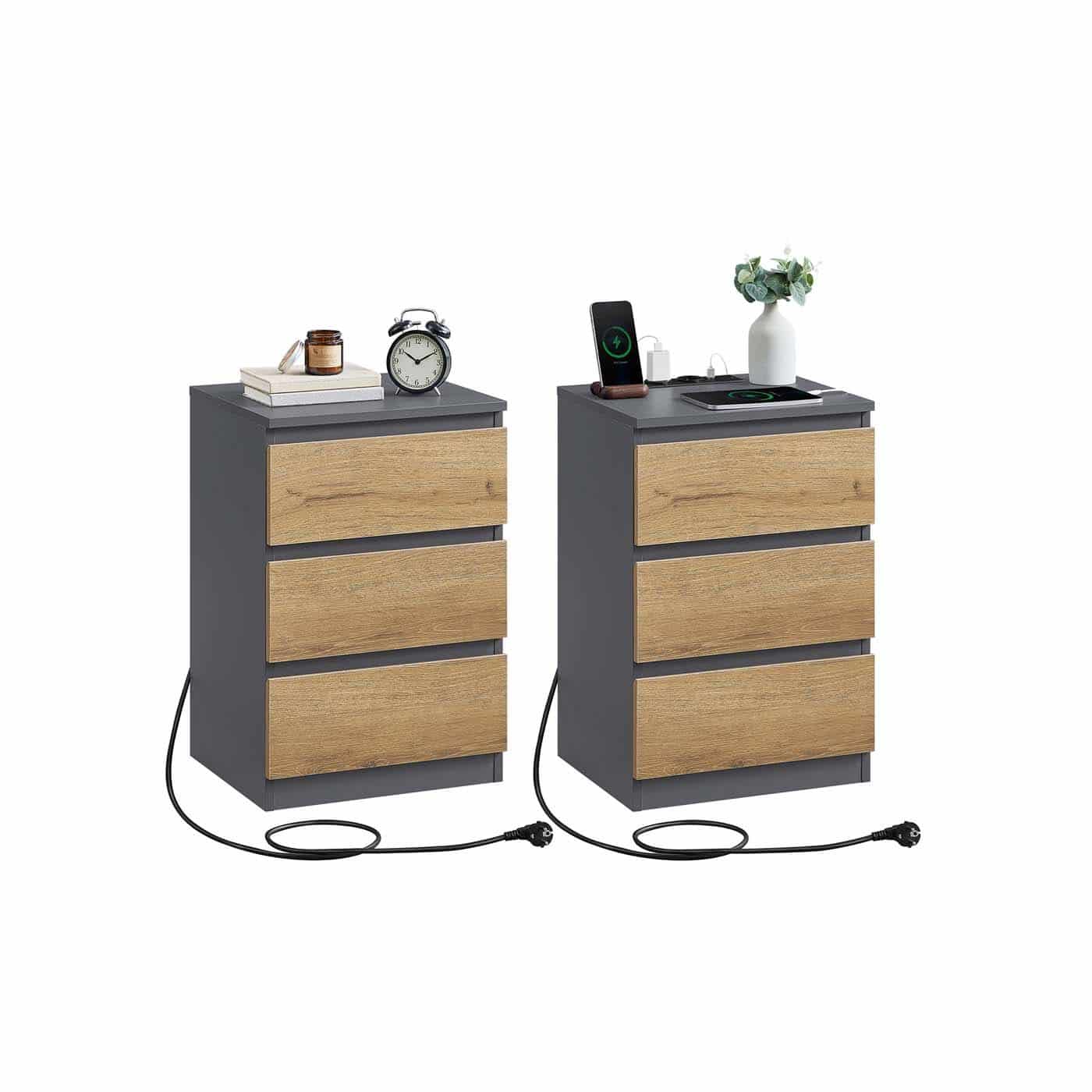 Nachttisch 2er Set mit Schubladen und Ladestation ebenholzschwarz von Vasagle