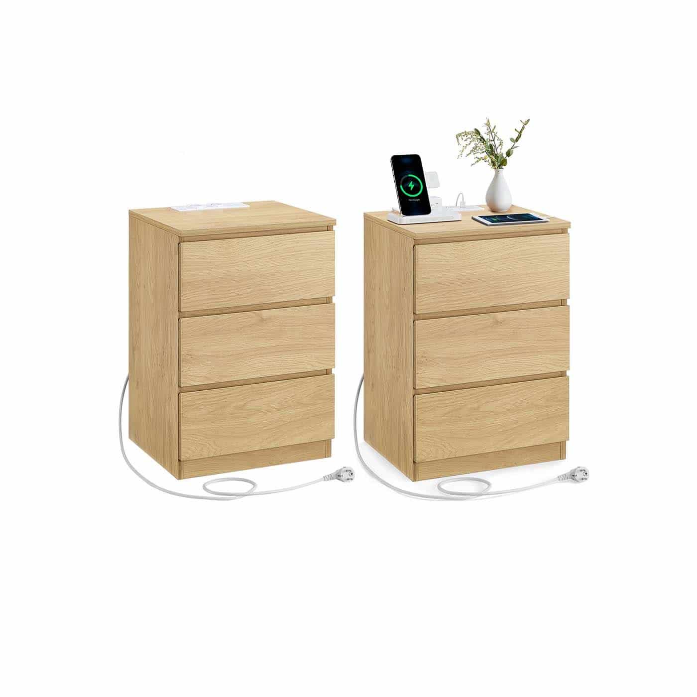 Nachttisch 2er Set mit Schubladen und Ladestation strohgelb von Vasagle