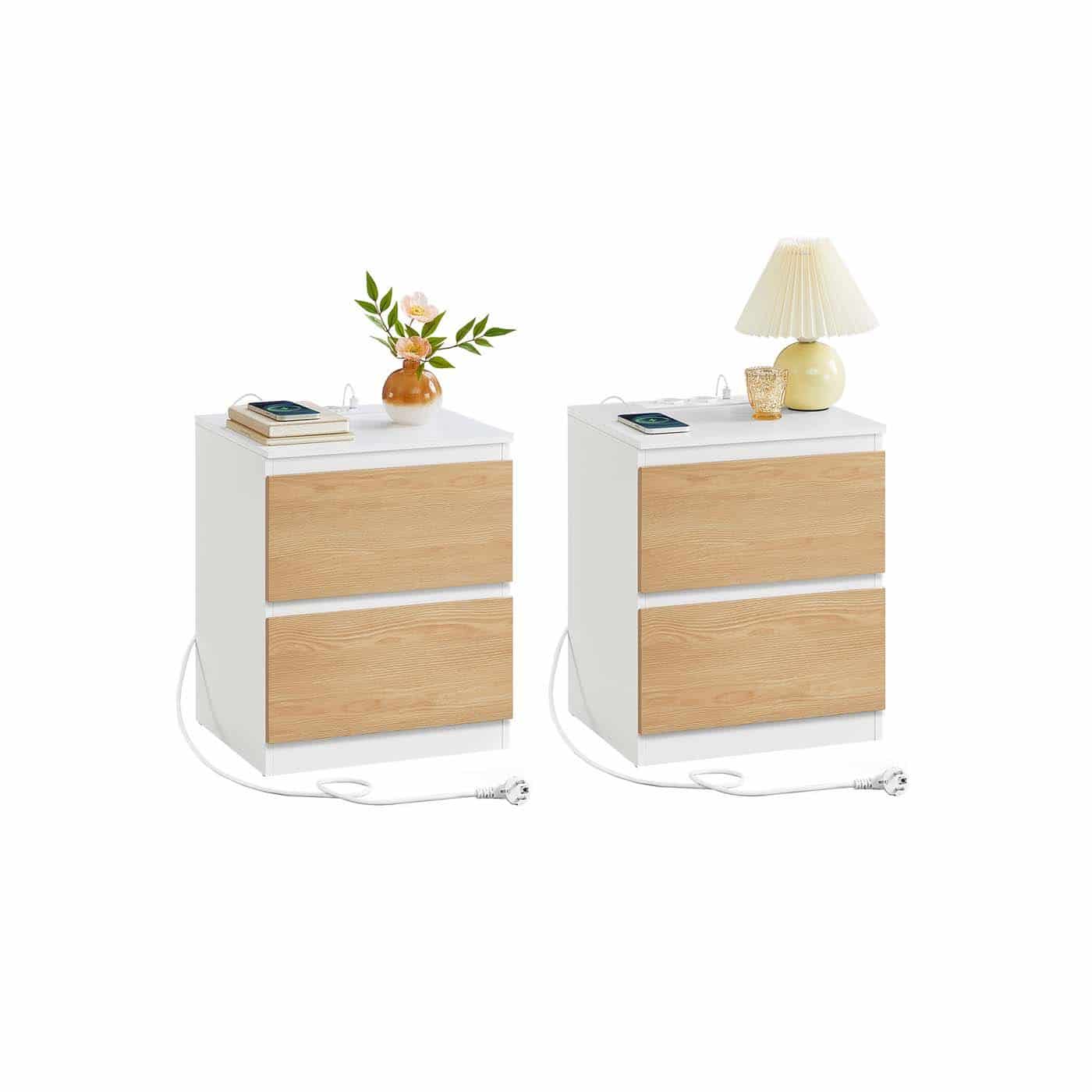 Nachttisch 2er Set mit Steckdosen und Schubladen mandelgelb von Vasagle