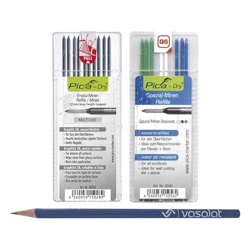 Pica Dry Minen Set - 10 Stück Ersatzminen graphit 2B Multi-Use und 8 Stück Ersatzminen wasserstrahlfest in blau/weiß/grün Pica Dry Minen Set - 10 Stück Ersatzminen graphit 2B Multi-Use und 8 Stück Ersatzminen wasserstrahlfest in blau/weiß/grün von vasalat