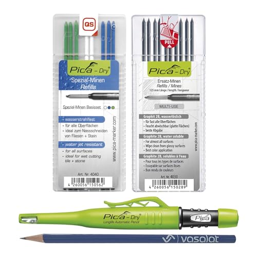 Pica Marker Set - Pica Dry Tieflochmarker + 10 Ersatzminen graphit 2B Multi-Use + 8 Ersatzminen wasserstrahlfest in blau/weiß/grün von vasalat