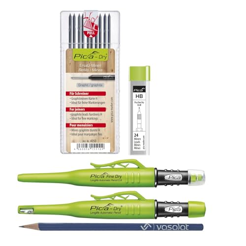 vasalat Pica Marker Set - Pica Fine Dry 0.9 + Pica Dry + 10 Stück Ersatzminen graphit Härte H + 24 Stück Ersatzminen HB, Graphit, Lila von vasalat
