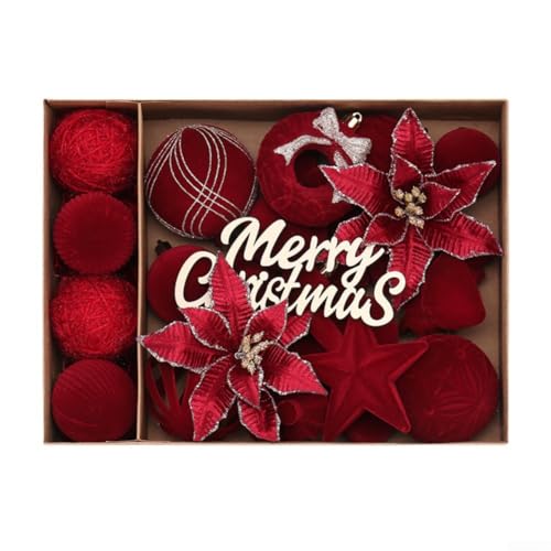 Vasiumic 38 Stück beflockte Weihnachtsbaumschmuck einschließlich Blumen und Kugeln, Kunststoffkugeln mit Seil zum Aufhängen für Weihnachtsbaum, Tür, Fenster und saisonale (Rotwein) von Vasiumic