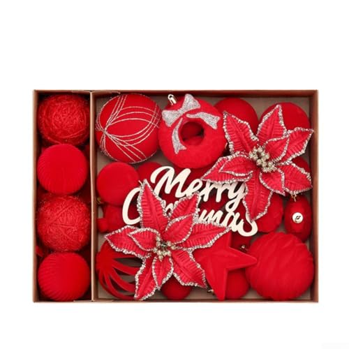 Vasiumic 38 Stück beflockte Weihnachtsbaumschmuck einschließlich Blumen und Kugeln, Kunststoffkugeln mit Seil zum Aufhängen für Weihnachtsbaum, Tür, Fenster und saisonale (rot) von Vasiumic
