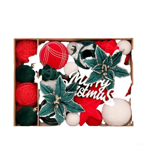 Vasiumic 38 Stück beflockte Weihnachtsbaumschmuck einschließlich Blumen und Kugeln, Kunststoffkugeln mit Seil zum Aufhängen für Weihnachtsbaum, Tür, Fenster und saisonale (rot und grün) von Vasiumic