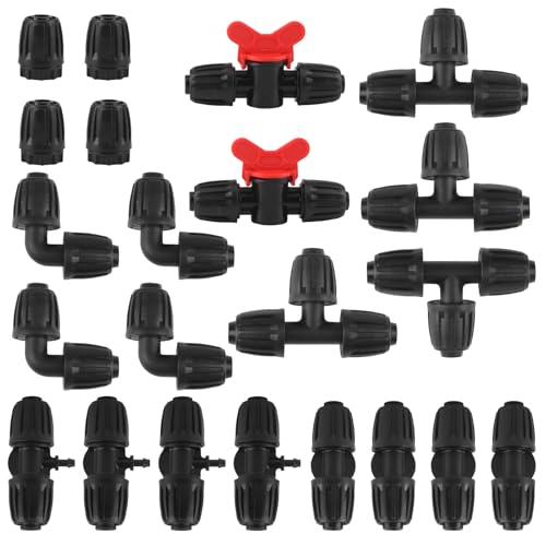 Vaskula 22 Stücke Bewässerungsarmaturen Kit für Schläuche 1/2 bis 1/4 Zoll Bewässerung System Gartenschlauch Verbinder T-stücke Kupplungen Barbed Tee Anschluss Enden Winkelstücke Schaltventile Steckve von Vaskula