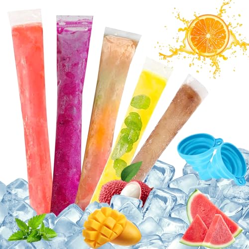 Vaskula 250 Stück Popsicle Taschen Wassereis Tüten Eislutscherbeutel mit 2 Trichtern Wiederverwendbar Geeignet für Selbstgemachten Joghurt Eiscreme Frucht-Smoothie Partygeschenke von Vaskula