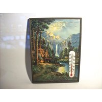Antik Gerahmte Wildnis Camping Szene Kunstdruck Mit Thermometer Wandbehang Werbung Werbegeschenk Für Kansas Hatchery/Feed Store von VastVintageVisions