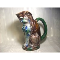 Antike Glasur Drip Majolica Keramik Figur Katze Krug von VastVintageVisions