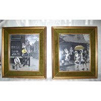 Paar Gerahmte Neyret Freres Gewebte Seiden Stevengraph Bilder - "The Downpour" Von A. Perez Und Anderen French Street Scene von VastVintageVisions