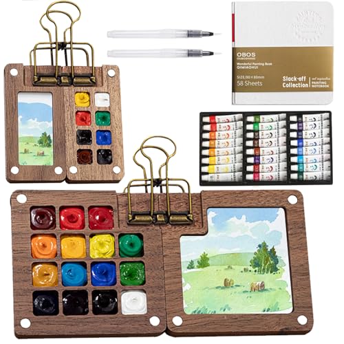 Vauki Mini Aquarell Set -24 Farben Malkasten Aquarell 2 Aquarellpaletten, Premium Holz Palette mit Reisebox aus Buchenholz, 2 Mini Aquarellkästen mit Deckel für Künstler & Outdoor Skizze von Vauki