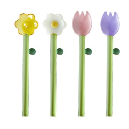 Glaslöffel in Blumenform, langer Griff, hitzebeständig, farbige transparente Löffel für Zucker, Tee, Kaffee, Cocktail, Eis, Dessert, 4 Stück Glaslöffel in Blumenform, langer Griff, hitzebeständig, farbige transparente Löffel für Zucker, Tee, Kaffee, Cocktail, Eis, Dessert, 4 Stück von Vctitil