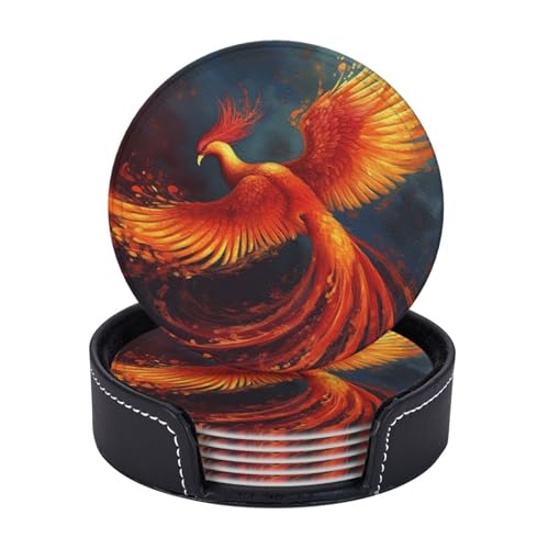 Getränkeuntersetzer Set mit 6 orange-roten Phoenix-Leder-Untersetzern, Schutz für Tisch, Schreibtisch, niedliche Getränkeuntersetzer für Tasse, hitzebeständig, Kaffeeuntersetzer für Schreibtisch, von VducK