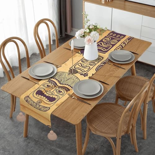 Tischläufer mit Fransen Vintage Aloha Tiki Muster Bauernhaus Tischläufer Rustikaler Herbst Tischläufer für Urlaub Party Weihnachten Dekor 152 cm von VducK