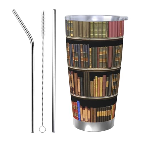 VducK Becher mit Deckel, Bibliothek, Bücherregal, bedruckt, isoliert, Reise-Kaffeebecher, wiederverwendbar, Edelstahl, Thermobecher, Reisebecher, isoliert für heiß und kalt, 590 ml von VducK