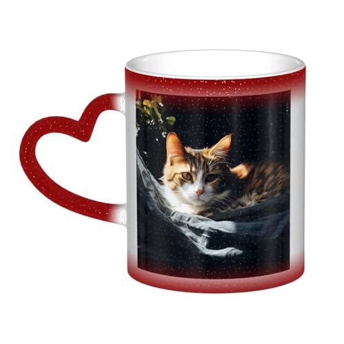 VducK Farbwechsel-Tasse mit ruhender Katze, 325 ml, personalisierbar, magische Tasse, Teetasse, Keramik-Kaffeetasse, wärmeaktiviert, Farbwechsel-Tasse von VducK
